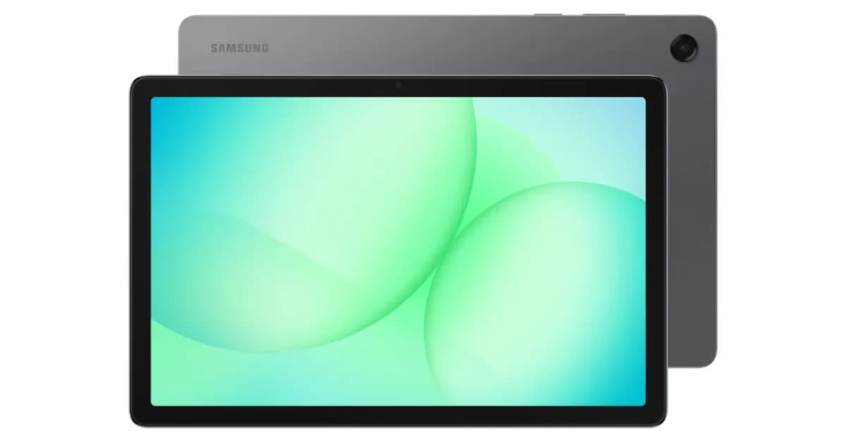Tablette Samsung Galaxy Tab A11+ vue de face et de dos, écran 11 pouces affichant un fond vert.